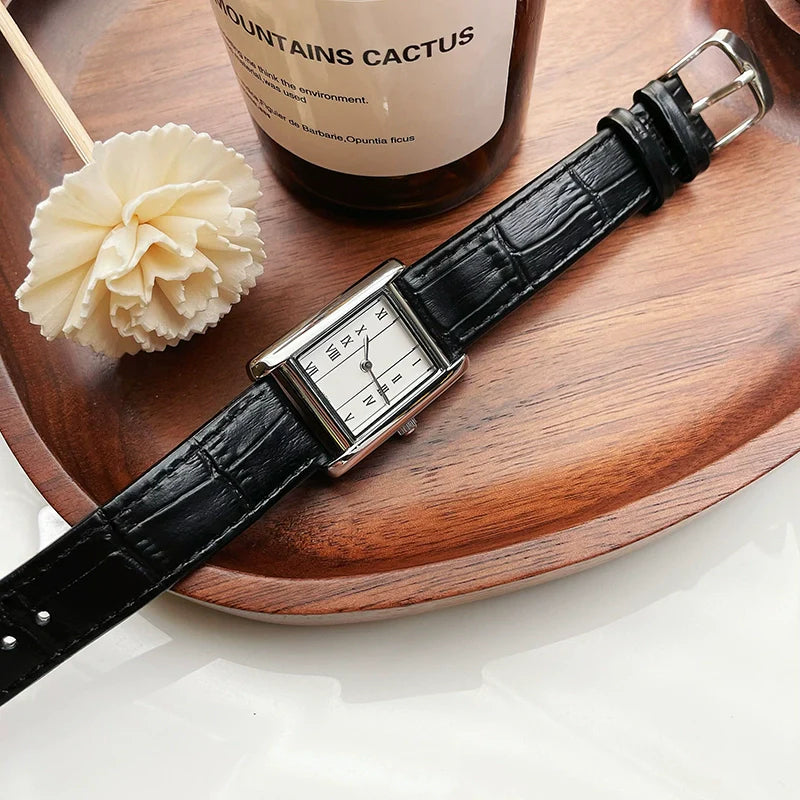 Selena Leather Square Watch - Elegant Silver Case