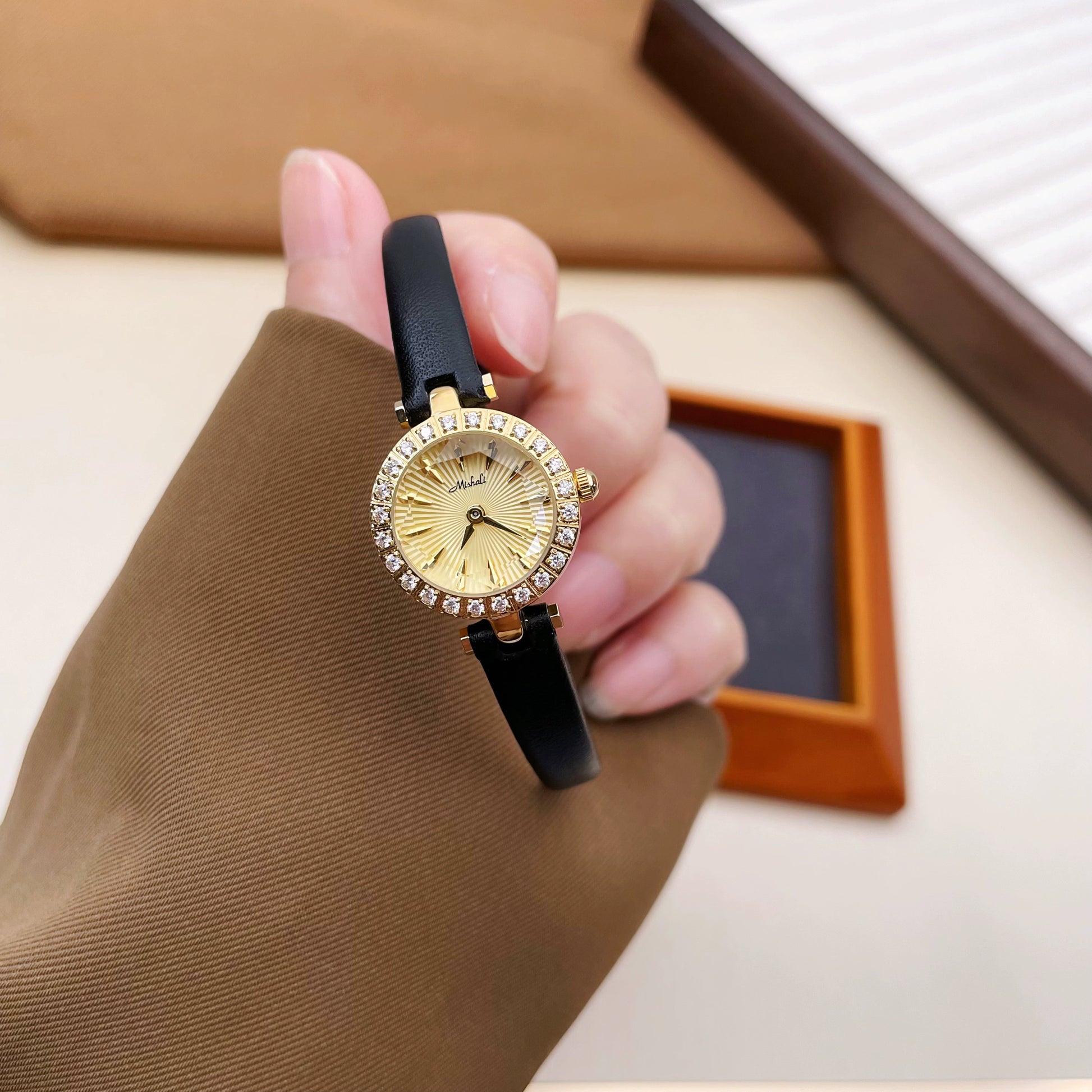 Charlette Dainty Rhinestone Watch - Gold Case Black Strap