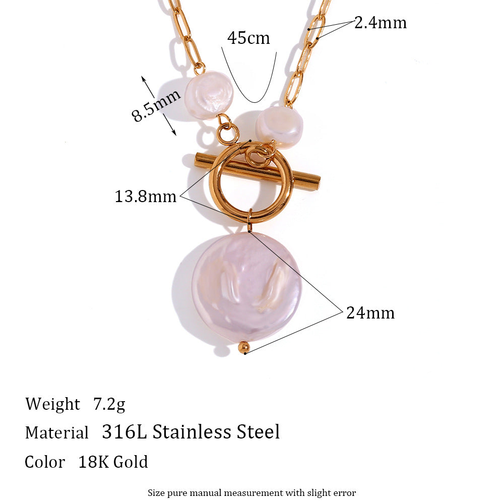 Chantal Layered Celestial Necklace - OT Buckle Round Freshwater Pearl Paperclip Chain Sweater Necklace - Gold [KPRXGMG9]