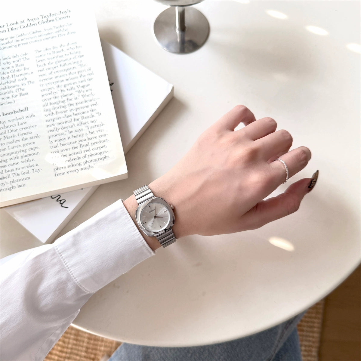 Avigayil Retro Gold Square Watch - Silver Band White Face [VHV165FP]
