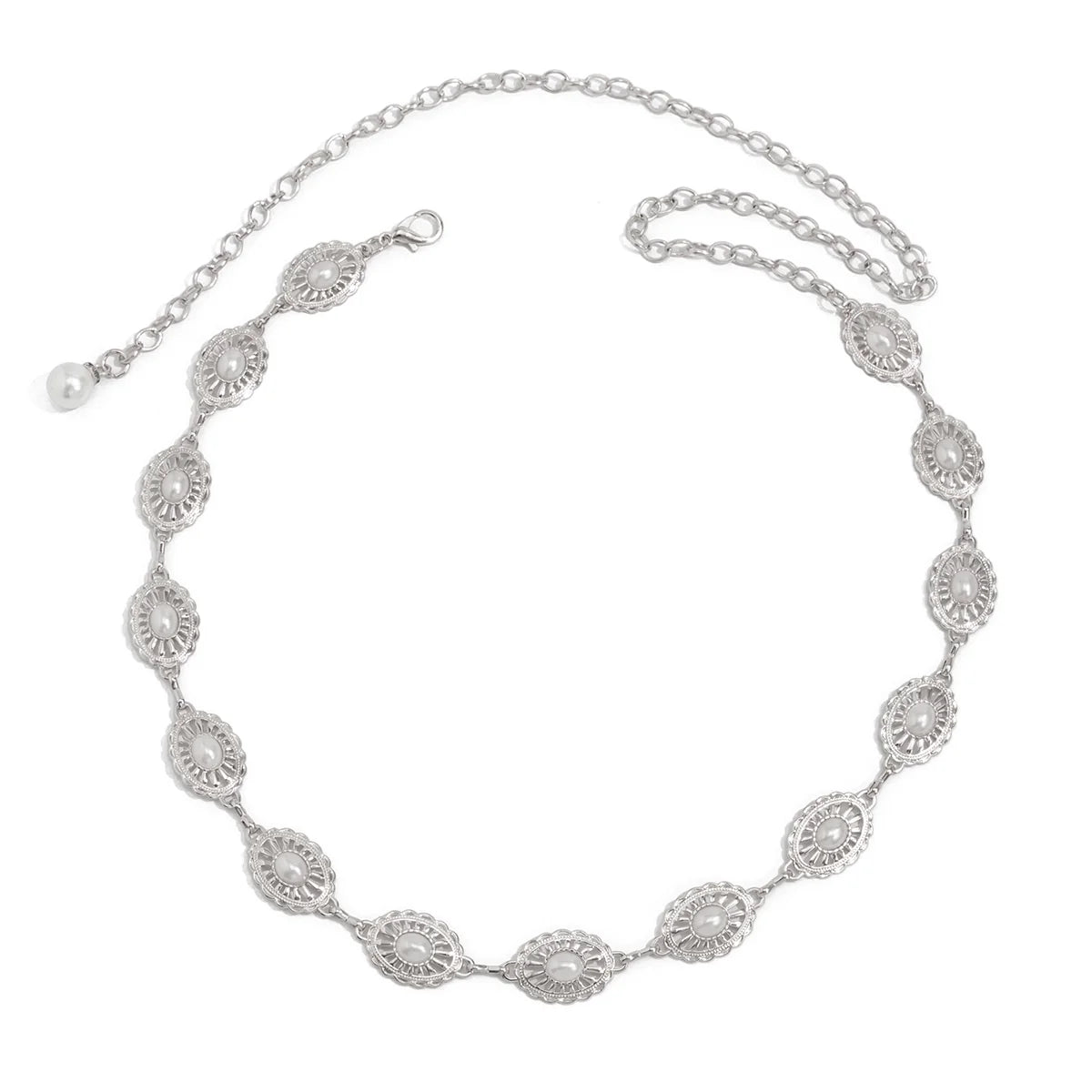 Brissa Faux Pearl Turquoise Waist Chain - Silver/White Faux Pearl