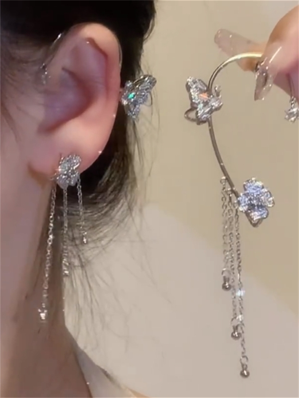 Thais Butterfly Tassel Ear Cuff - Silver Right Ear Cuff