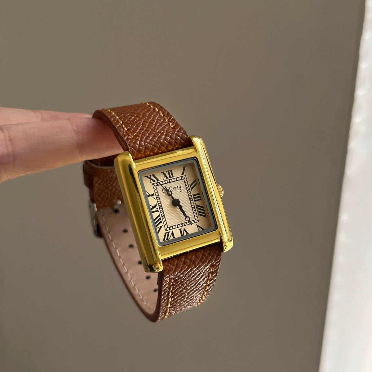 Faiza Retro Square Watch - Brown Strap Gold Face [9080NJUZ]