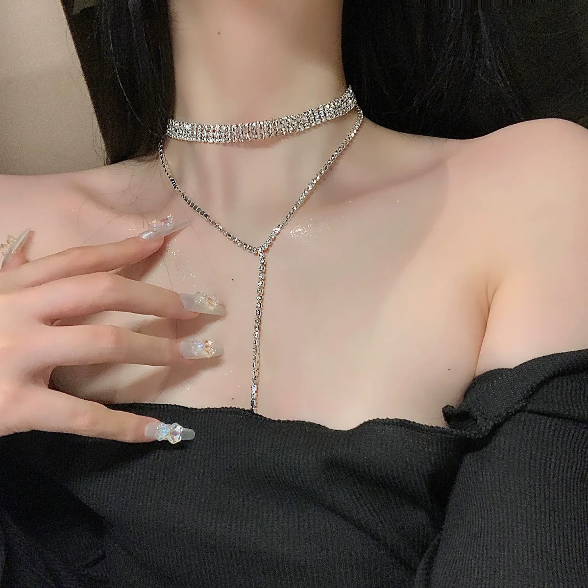 Harlow Layered Rhinestone Choker - Silver Rhinestone Necklace Chest Chain
