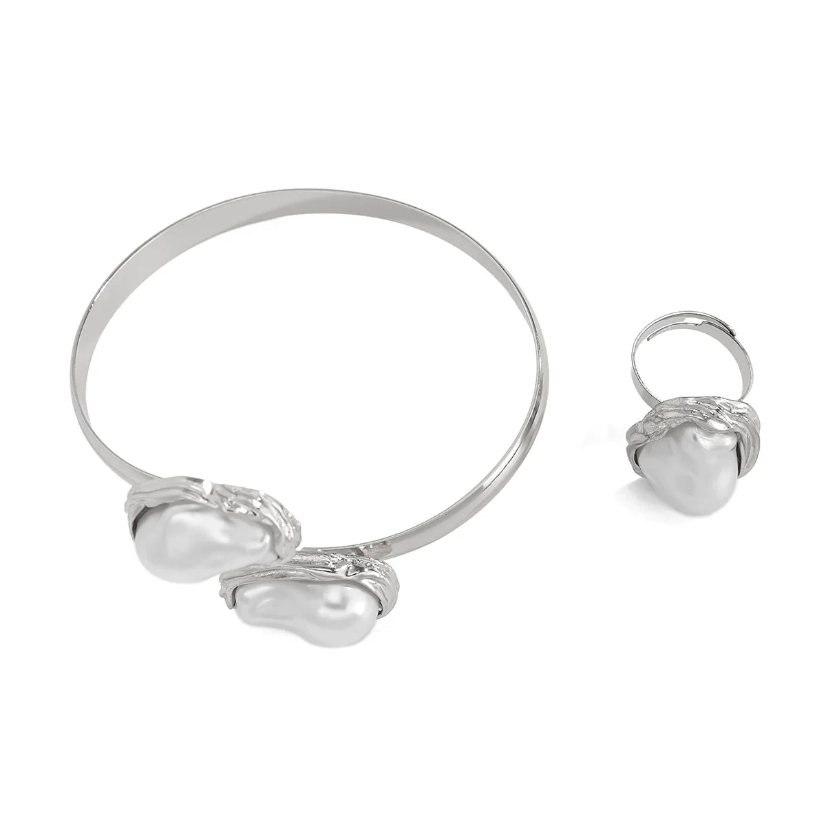 Faithlyn Baroque Pearl Jewelry - Bracelet + Ring Silver