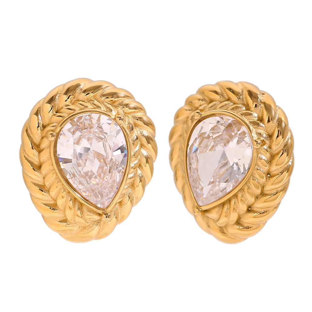 Miliani Irregular Geometric Earrings - Wheat Ear Pattern Water Drop Stud Earrings - Gold - White Diamond [LYEMEUNH]