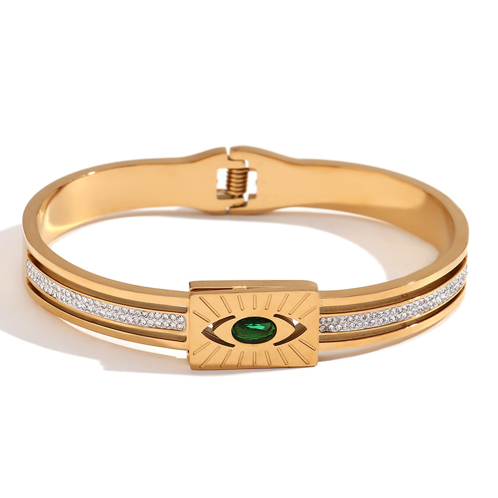 Roman Golden Eye Chain Bracelet - Rectangular Green Eye Triple Stone Spring Buckle Bracelet - Gold [002M3VN8]