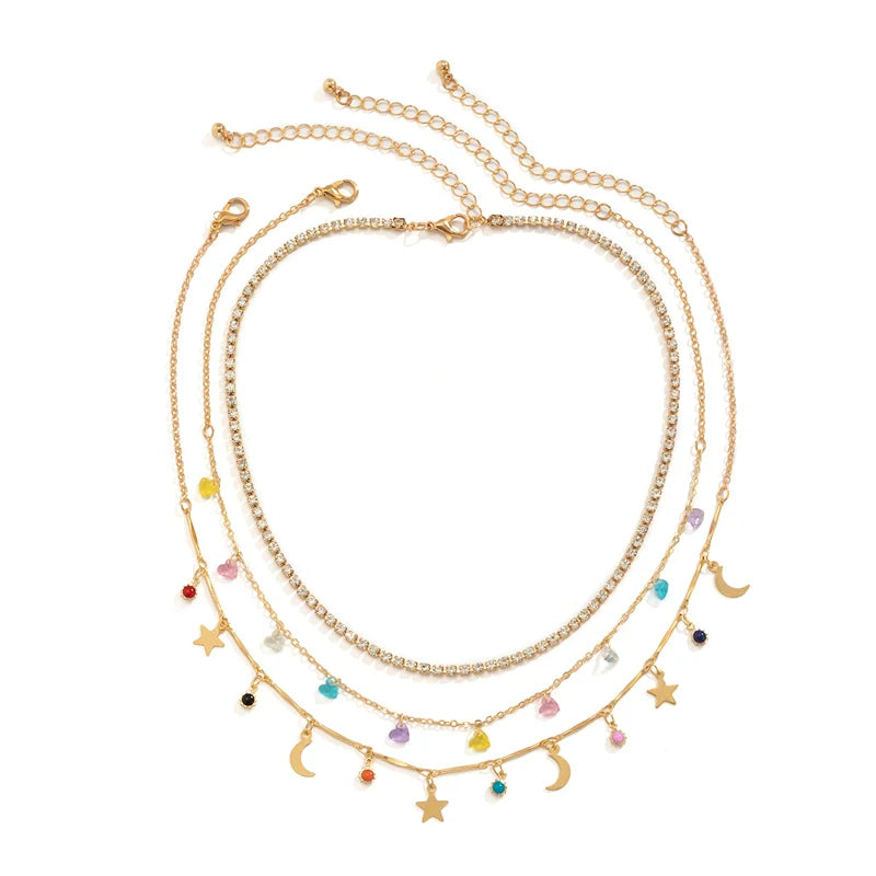 Ameerah Celestial Layered Necklace Set - Gold Star & Moon