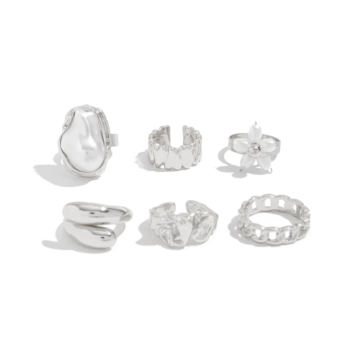 Kamaria Faux Pearl Floral Ring Set - Silver