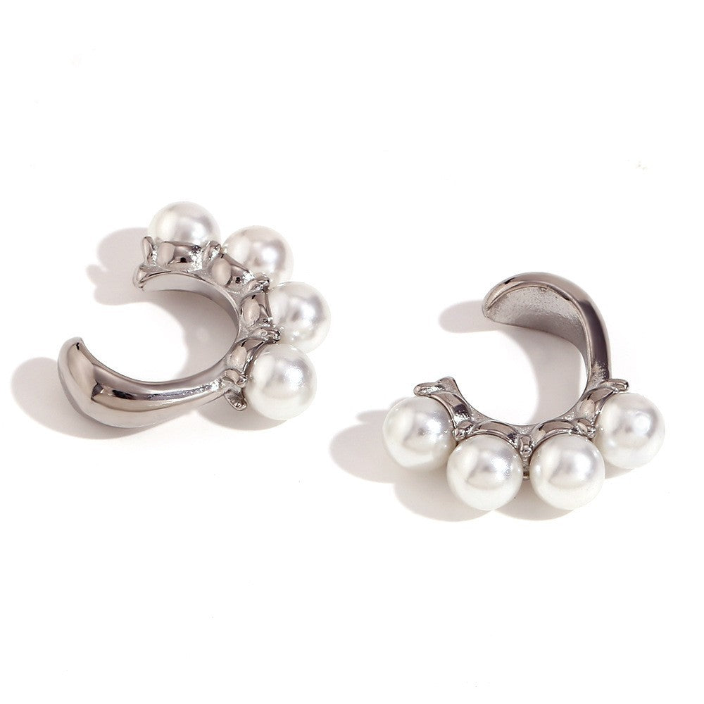 Avni Delicate Pearl Necklace - Four Pearl J-shaped Ear Clip - Steel [VTBWKO4I]