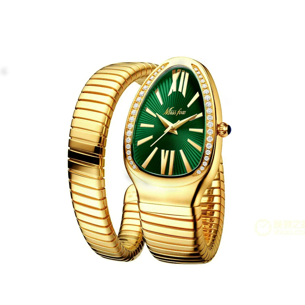Etta Serpentine Rhinestone Watch - Rose Gold Green