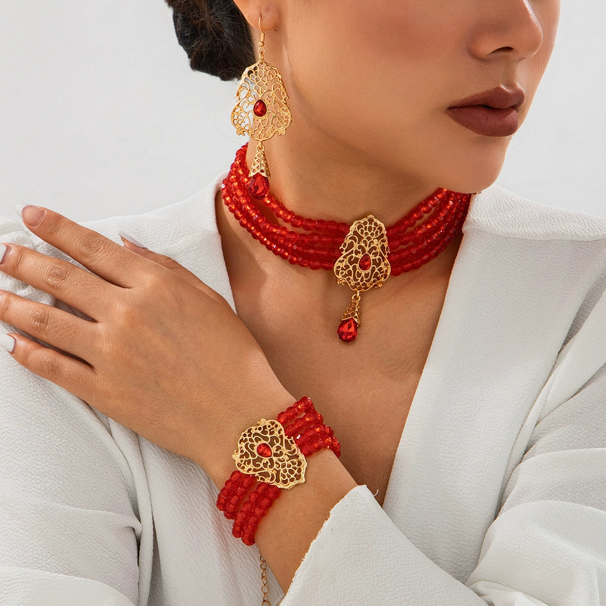 Lou Pearl Floral Collar Necklace - Gold & Red (Style B) [SJP8578E]