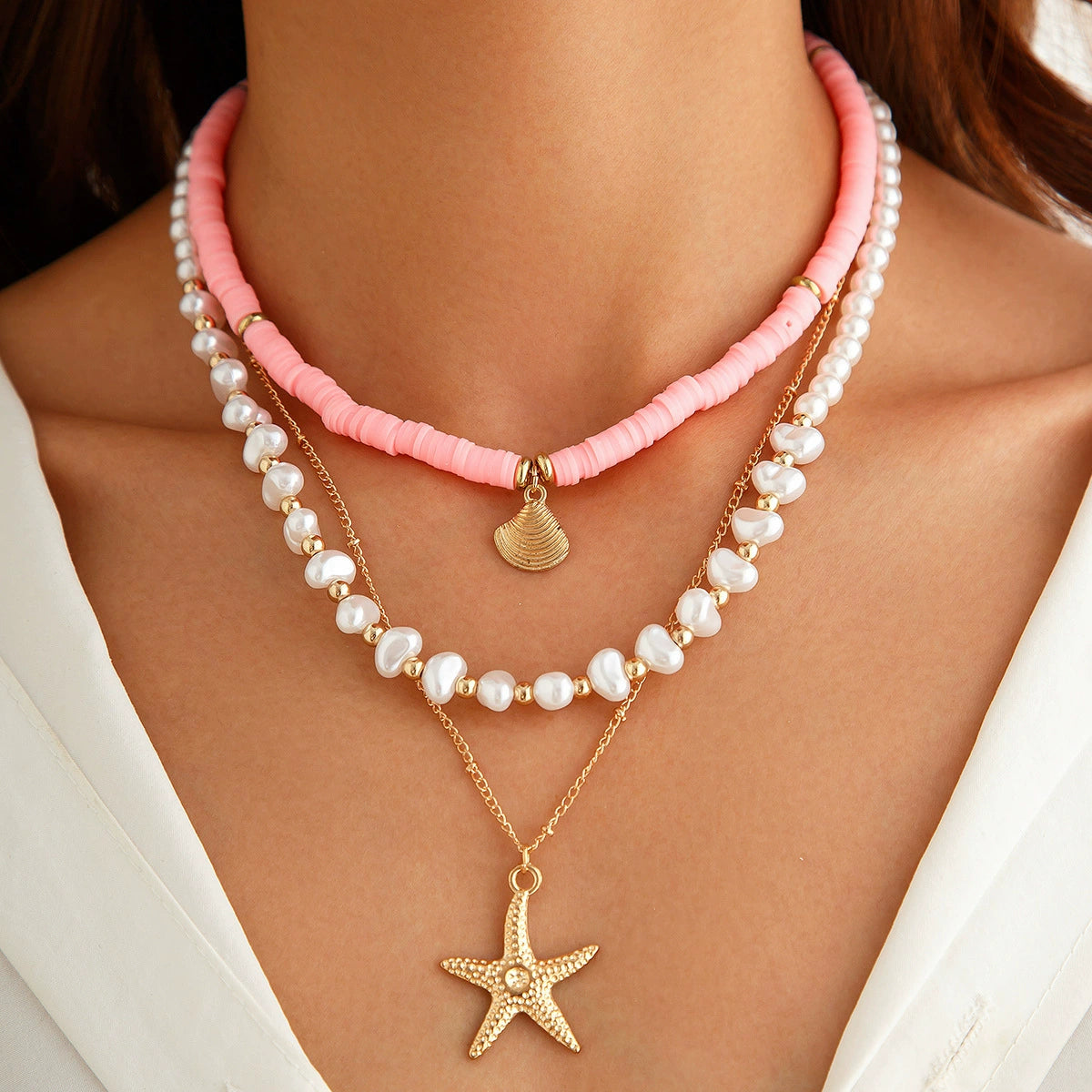 Hadley Layered Pearl Starfish Necklace - Gold + Pink 3-Piece Set [C2RVT2V6]
