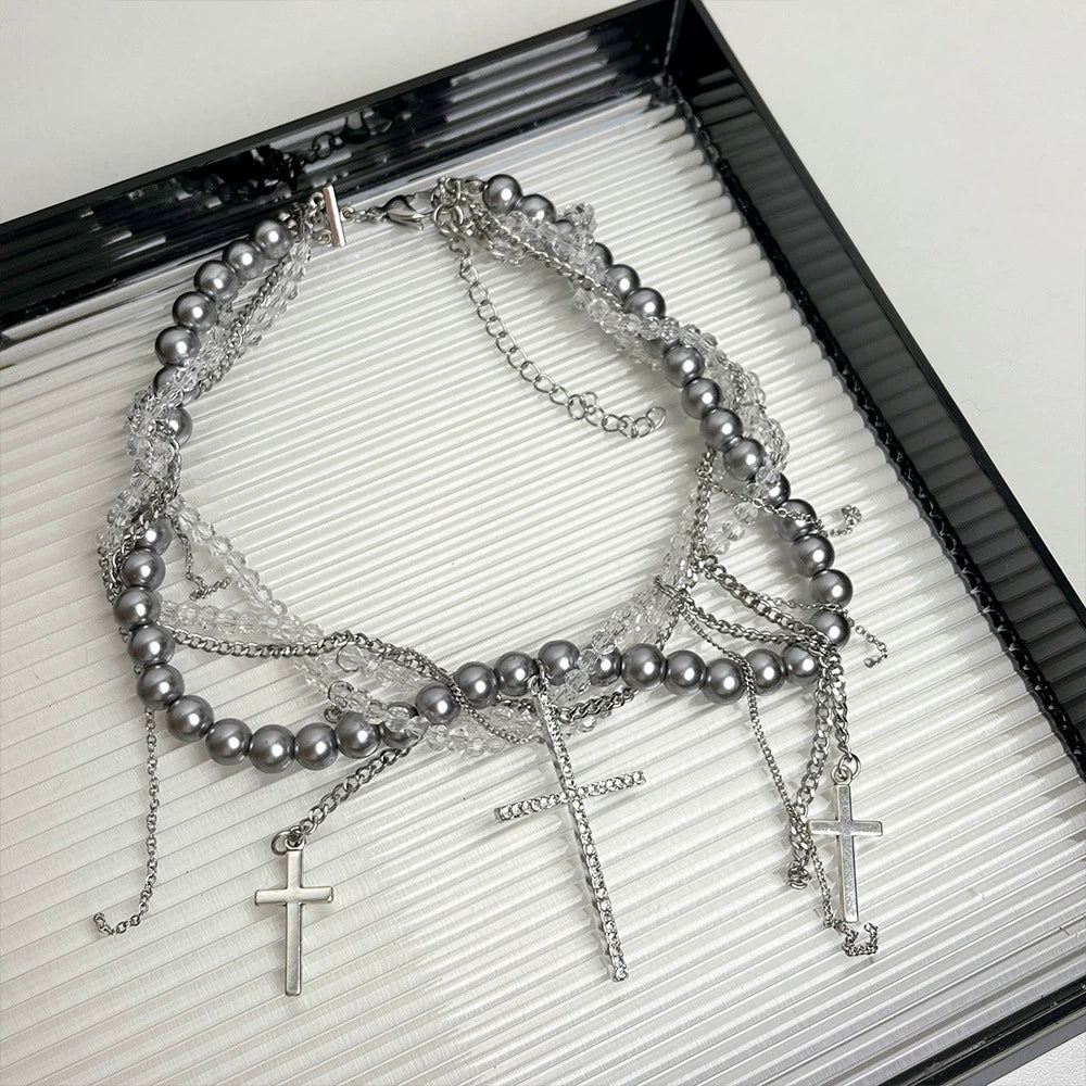 Eleana Multi-Layered Pearl Cross Necklace - Gray Pearl Cross Necklace [NQKUZ1KC]