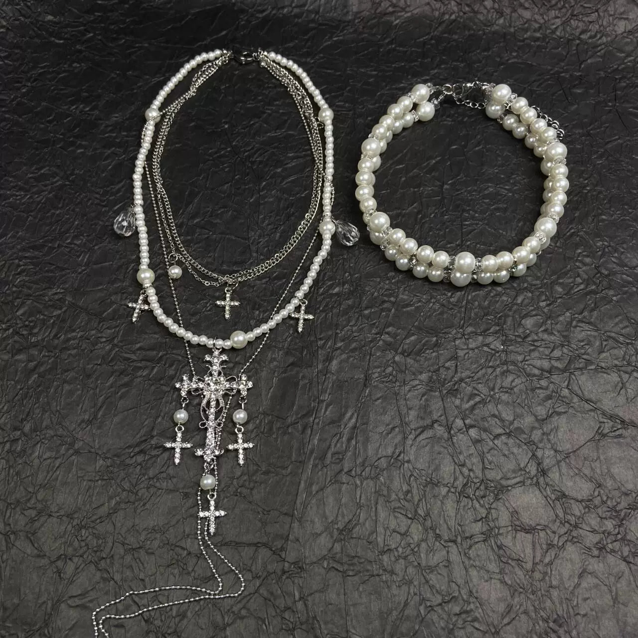Isabelle Layered Pearl Cross Necklace - Layered Pearl Cross Necklace (2 Pcs Set)