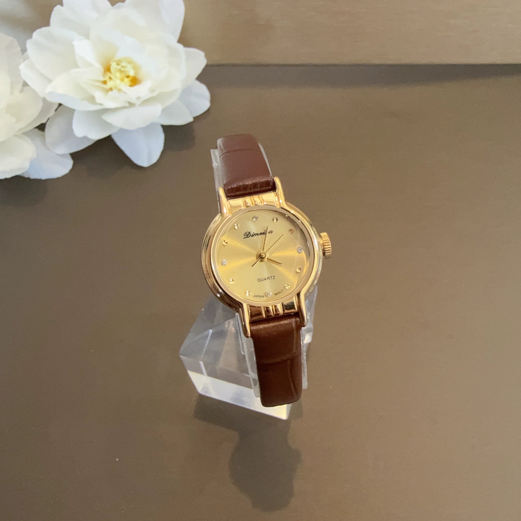 Magdalena Retro Round Watch - Gold Brown Leather Strap [DKGPOFDZ]