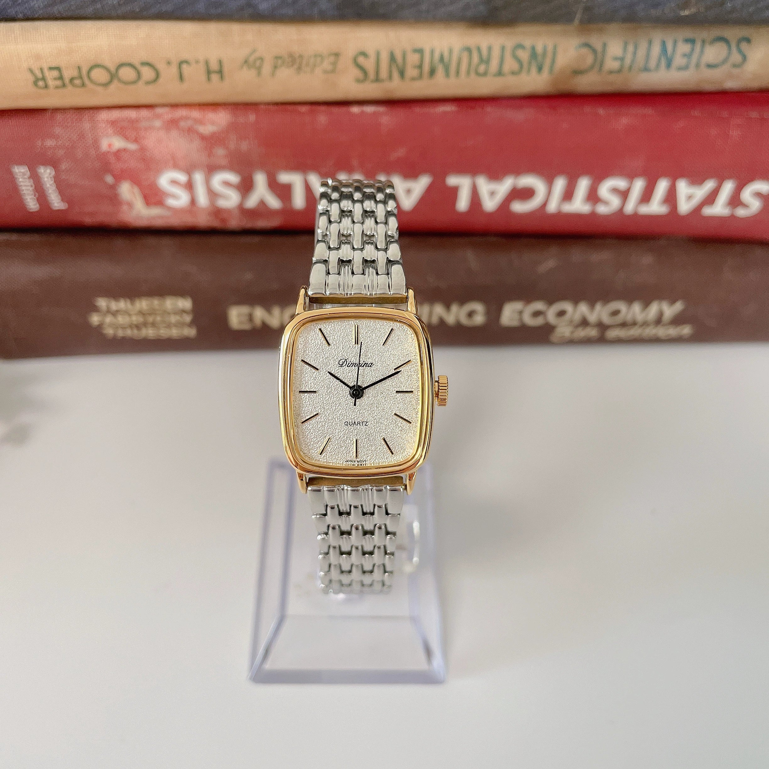Karsen Vintage Square Watch - Gold Dial Silver Steel Band (Includes Brown Leather Strap)