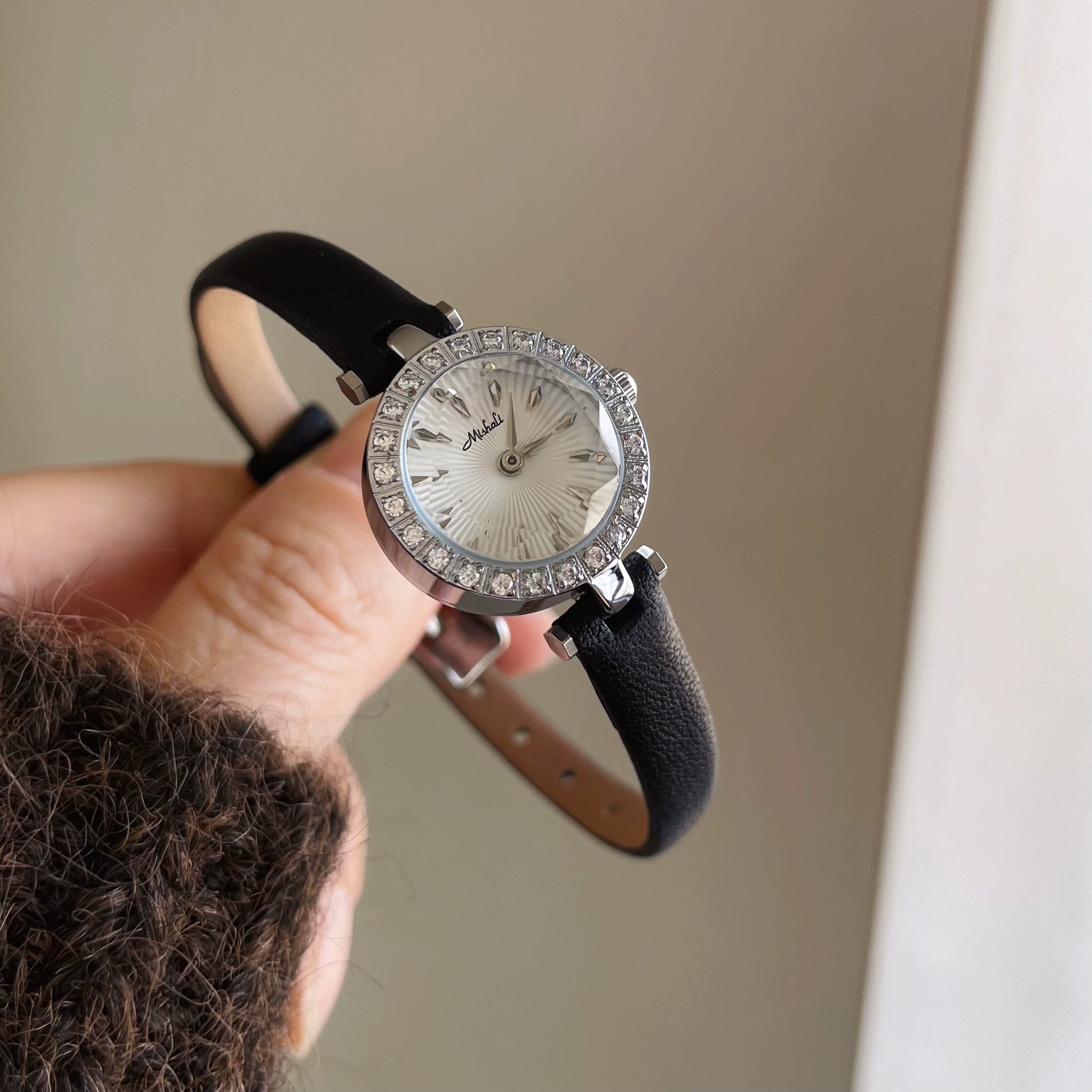 Charlette Dainty Rhinestone Watch - Silver Case Black Strap