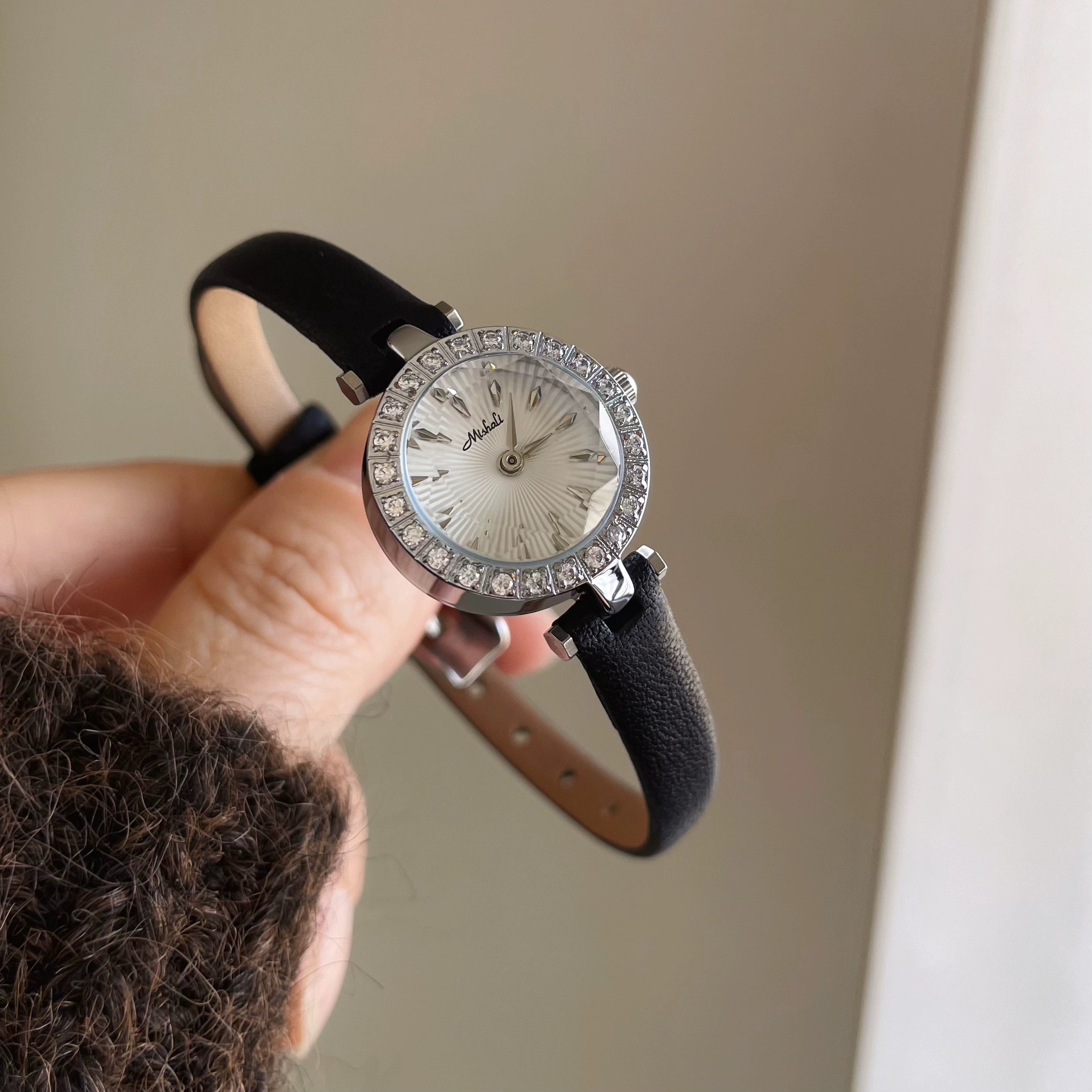Charlette Dainty Rhinestone Watch - Silver Case Black Strap