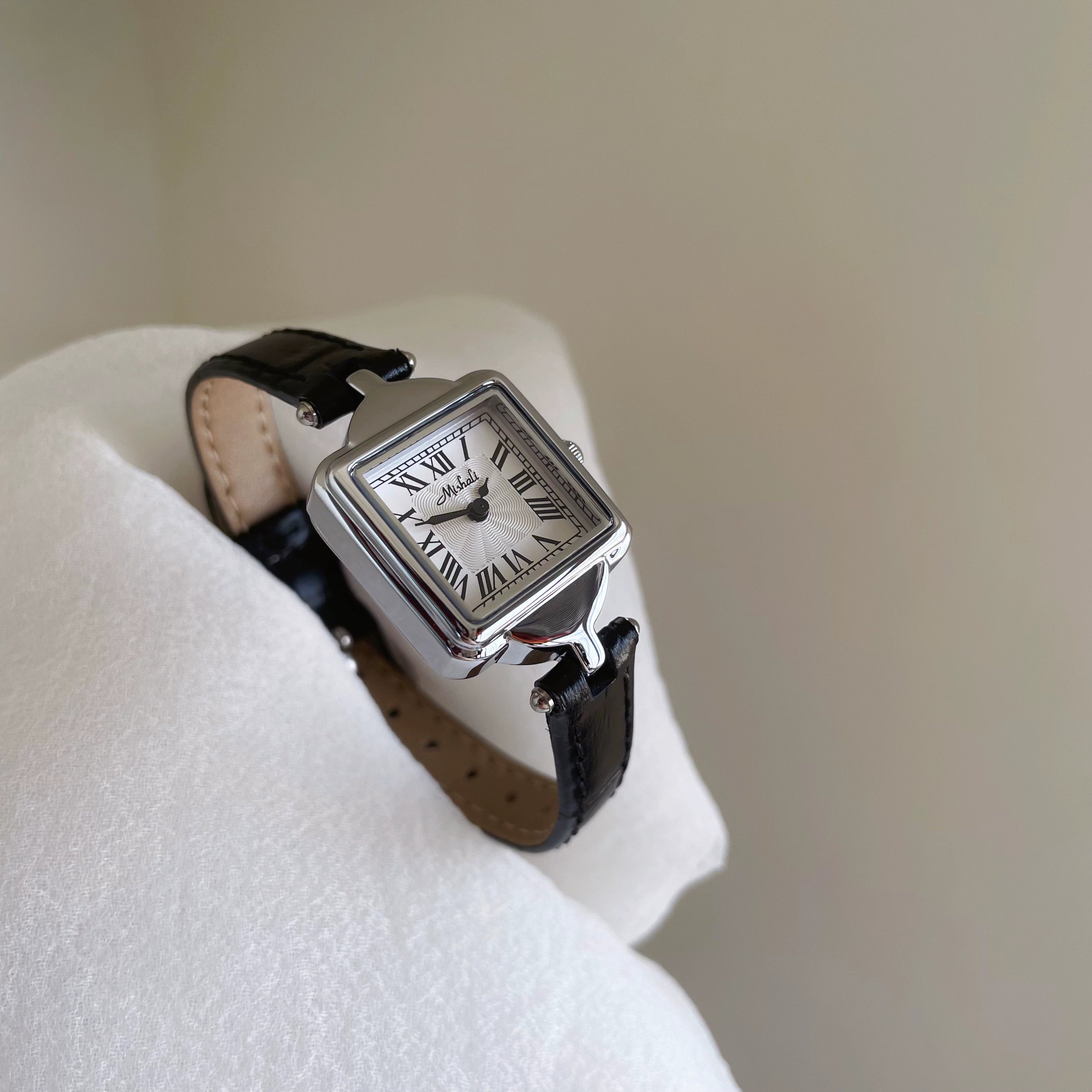 Jaziah Retro Square Watch - Black Strap Silver Case [O33KEGT4]