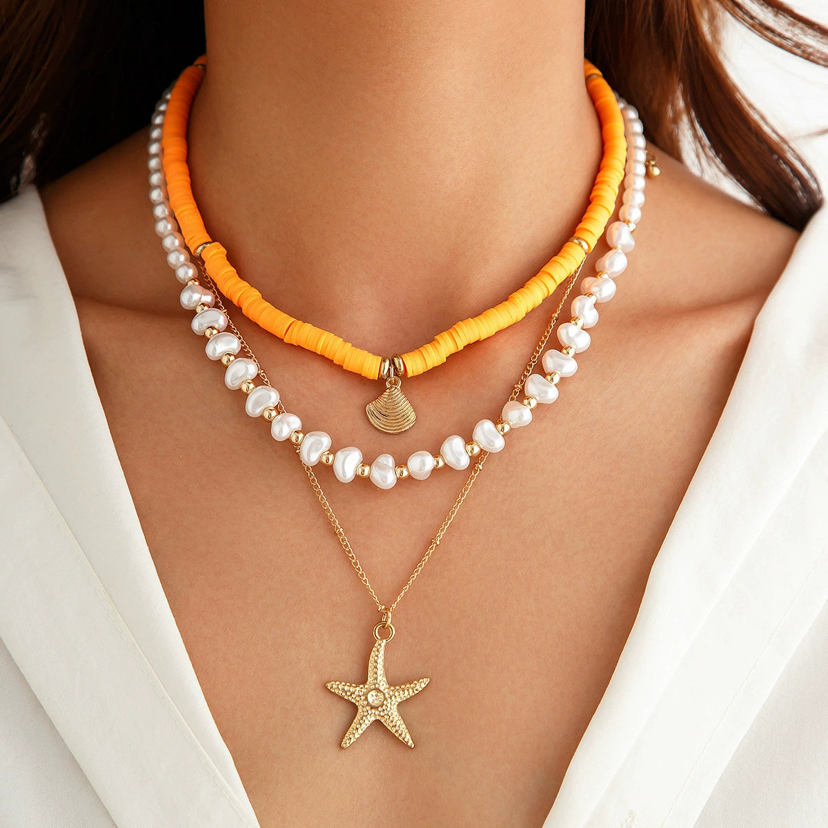 Hadley Layered Pearl Starfish Necklace - Gold + Orange 3-Piece Set [H9MCRBCV]