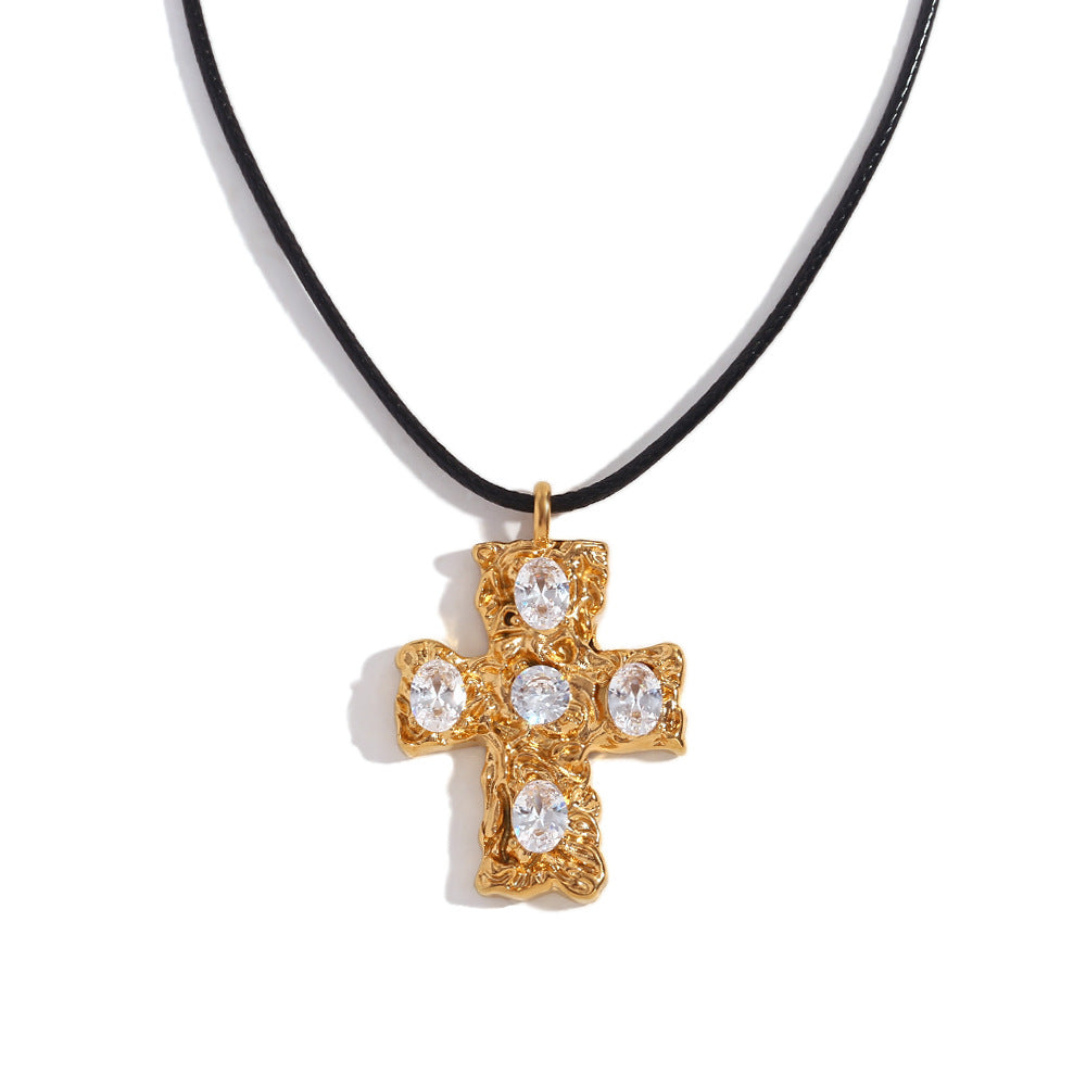 Atlas Hammered Cross Cord Necklace - Gold Hammered Cross with White Stones [A5NRRP5N]