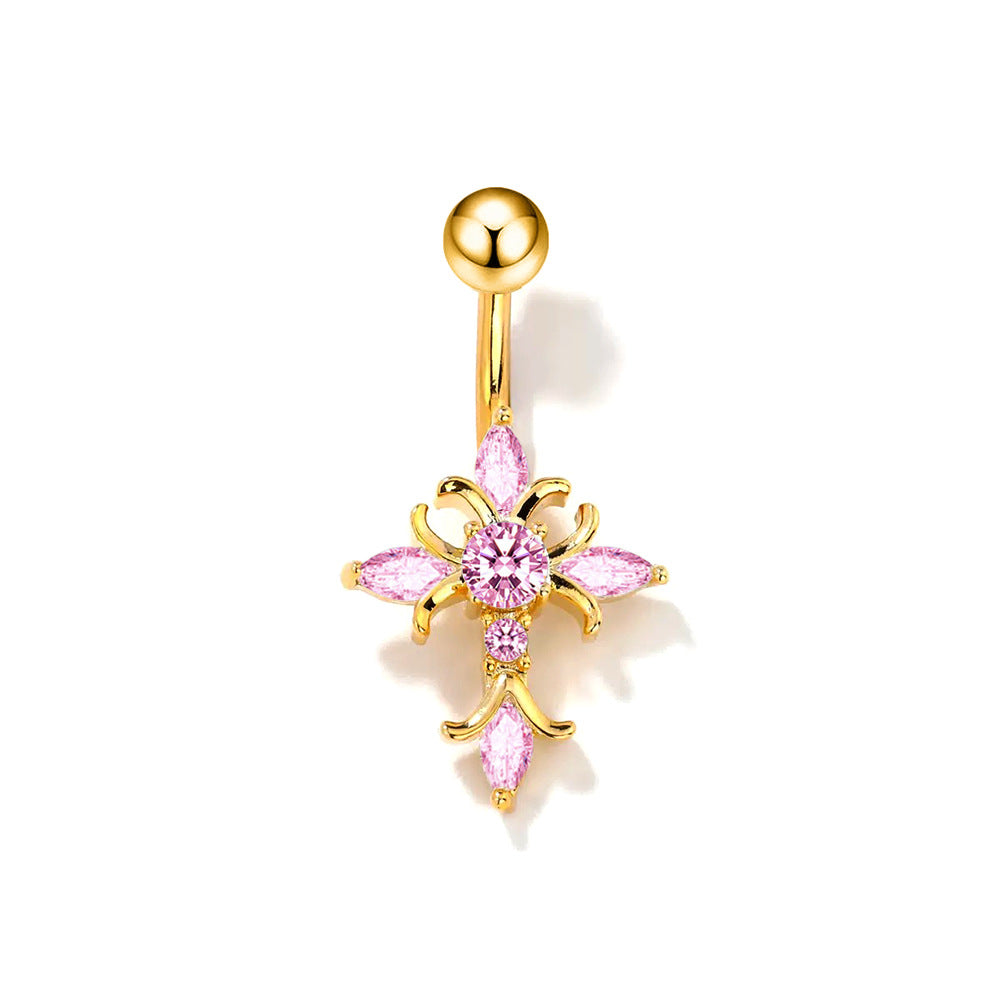 Adya Zircon Cross Belly Ring - Pink (18k Gold Plated) [OZXQOU2Z]