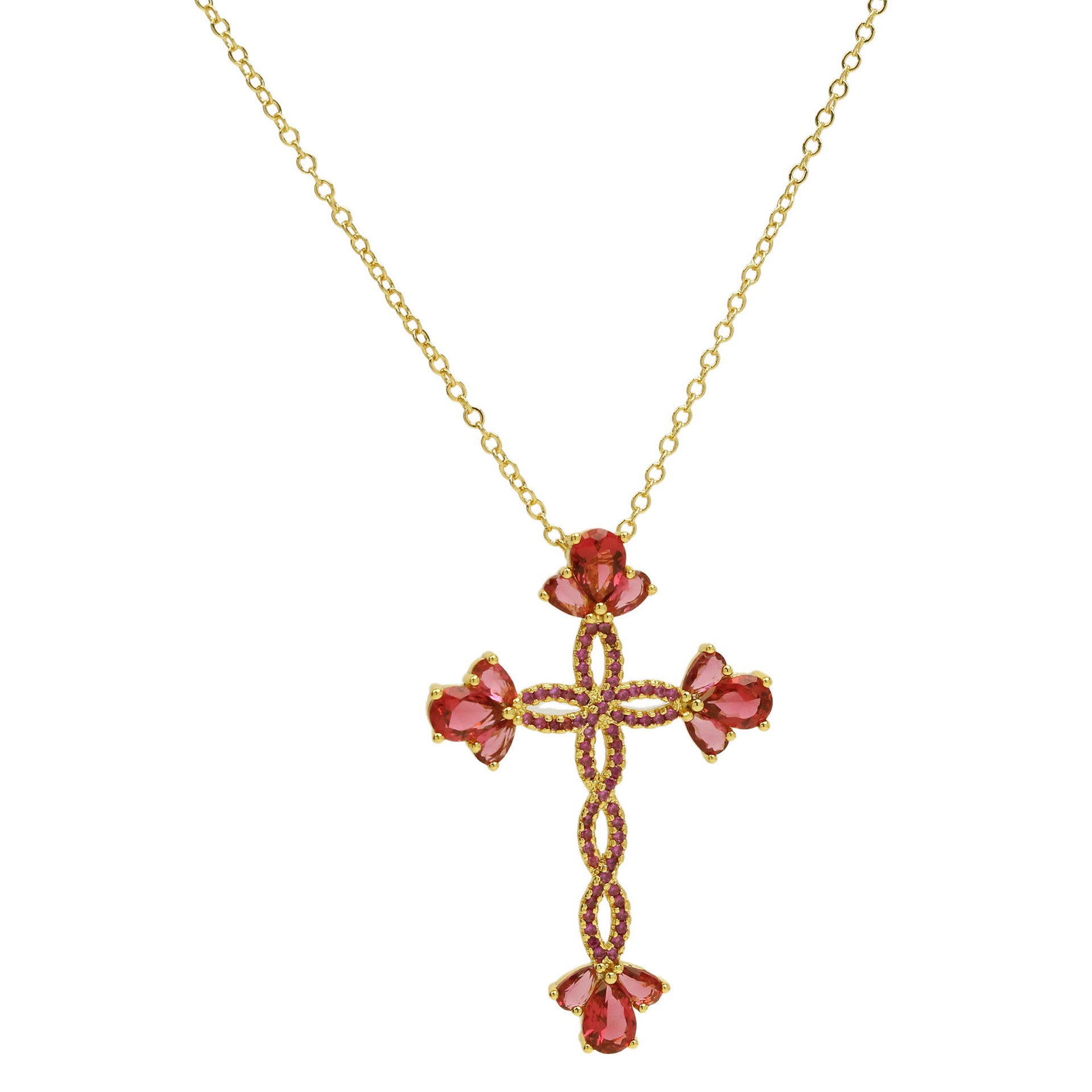 Unique Zircon Cross Pendant Necklace - Paved Red Zircon Cross [QE4P7H70]