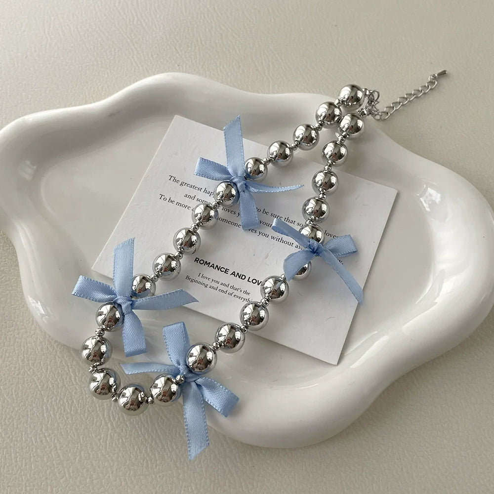 Addaline Ribbon Sphere Choker - Blue Bow Necklace