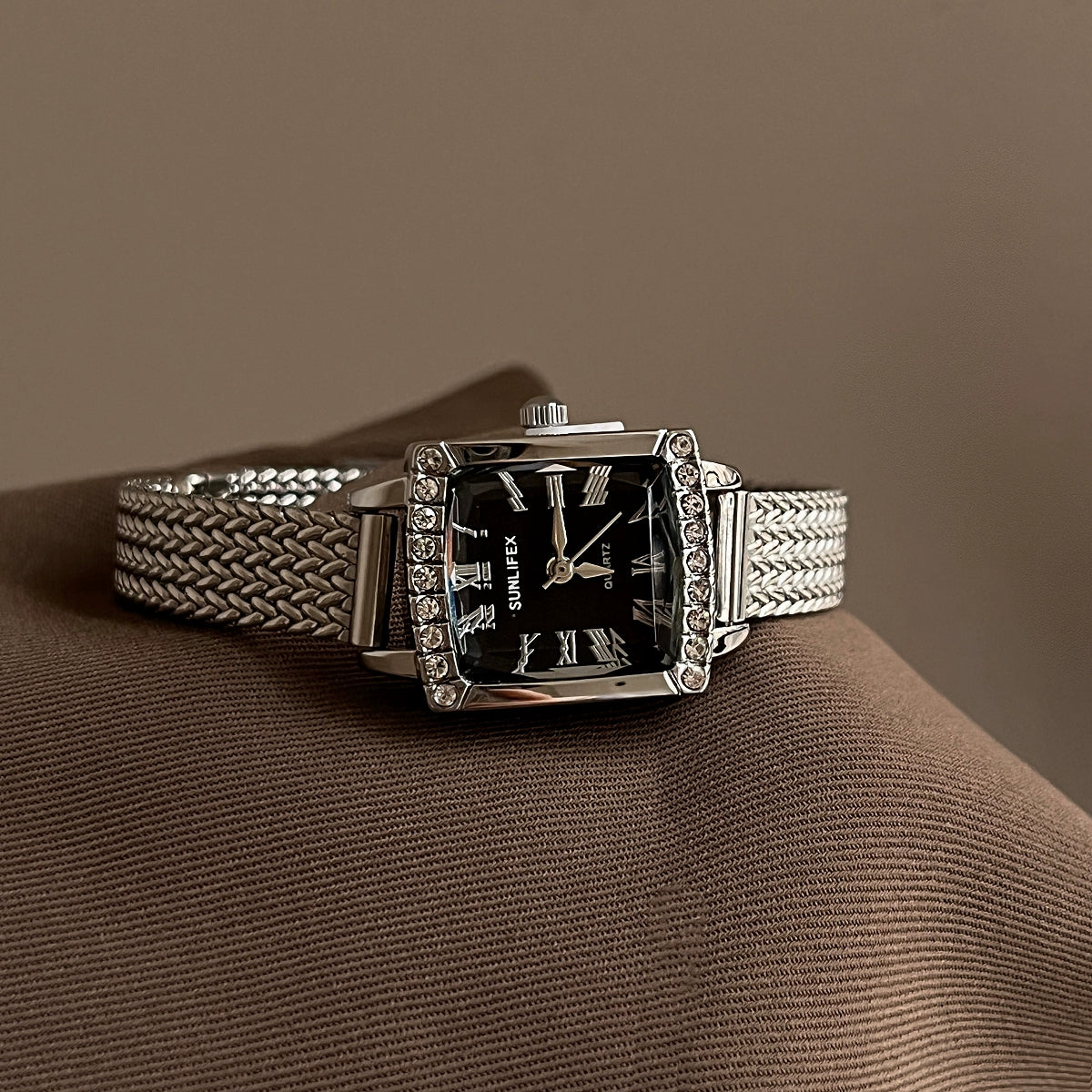 Elisabet Square Link Bracelet Watch - Silver Strap Black Face [1LTQZBNA]