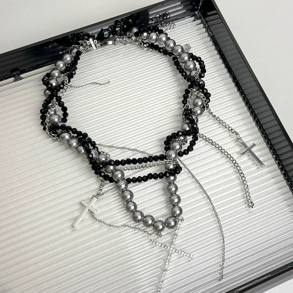 Eleana Multi-Layered Pearl Cross Necklace - Black Pearl Cross Necklace [JIQE571Y]