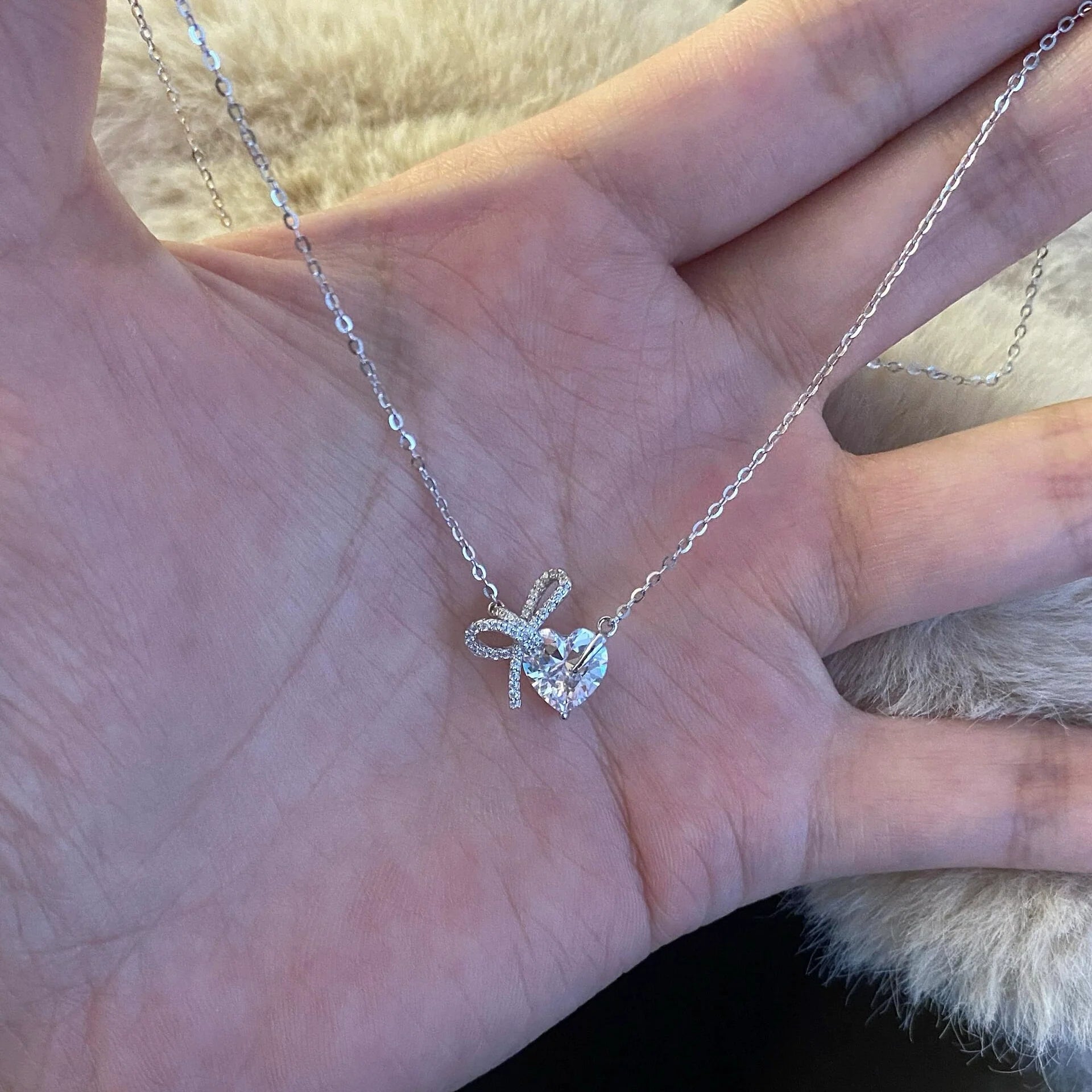 Chanelle Sterling Heart Bow Necklace - Bow Heart Necklace