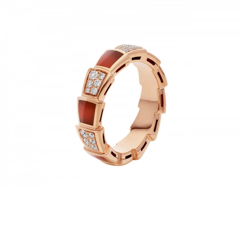 Maylie Serpent Coil Ring - Wide Rose Gold Red Carnelian Diamond Serpent