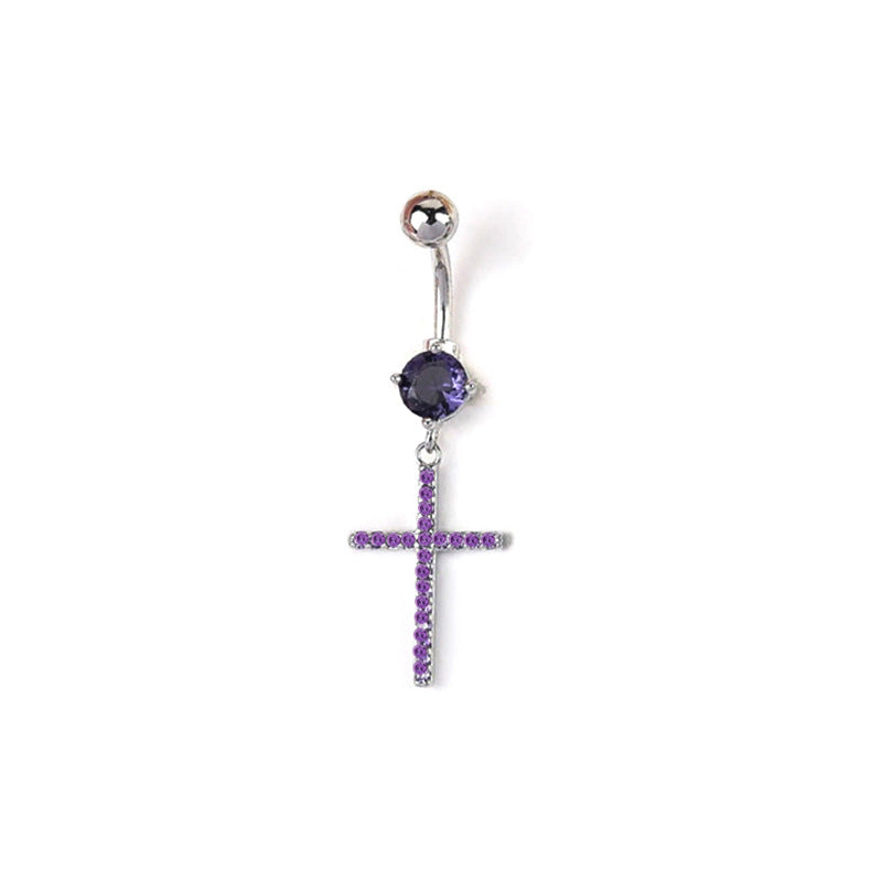 Catherine Zircon Cross Navel Ring - Purple (White Gold) [TWGF1590]