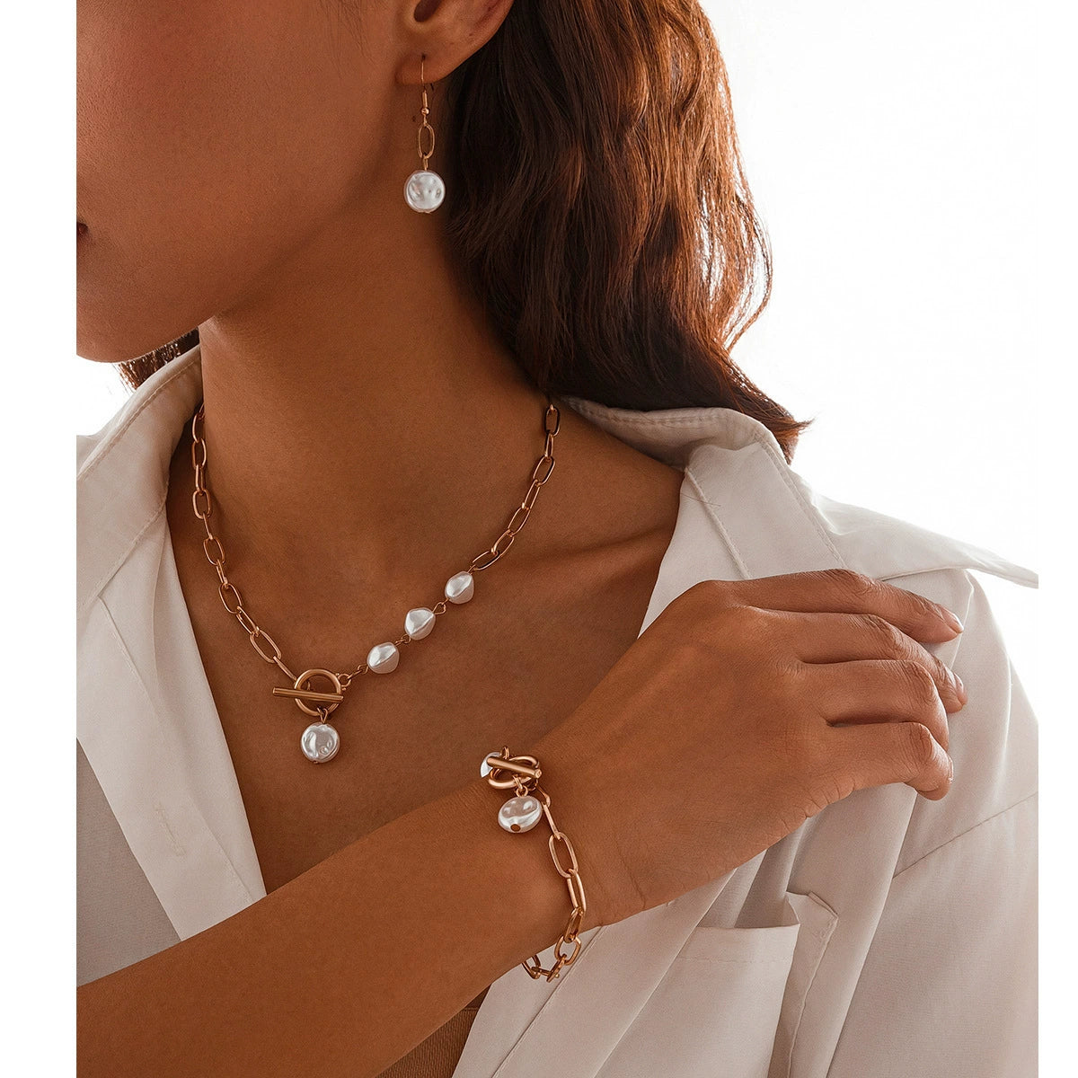Kamilah Baroque Pearl Jewelry Set - Necklace, Earrings & Bracelet Gold [HJFD2VAA]