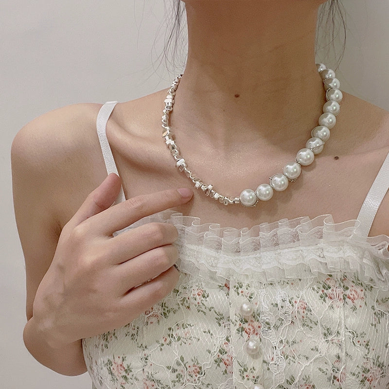 Naima Shattered Pearl Necklace - Pearl Spliced Shattered Silver Necklace