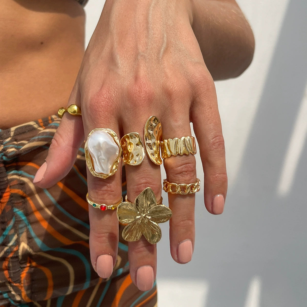 Yanely Baroque Pearl Ring Set - Light Gold 7-Piece Set A [EHJW0FYC]