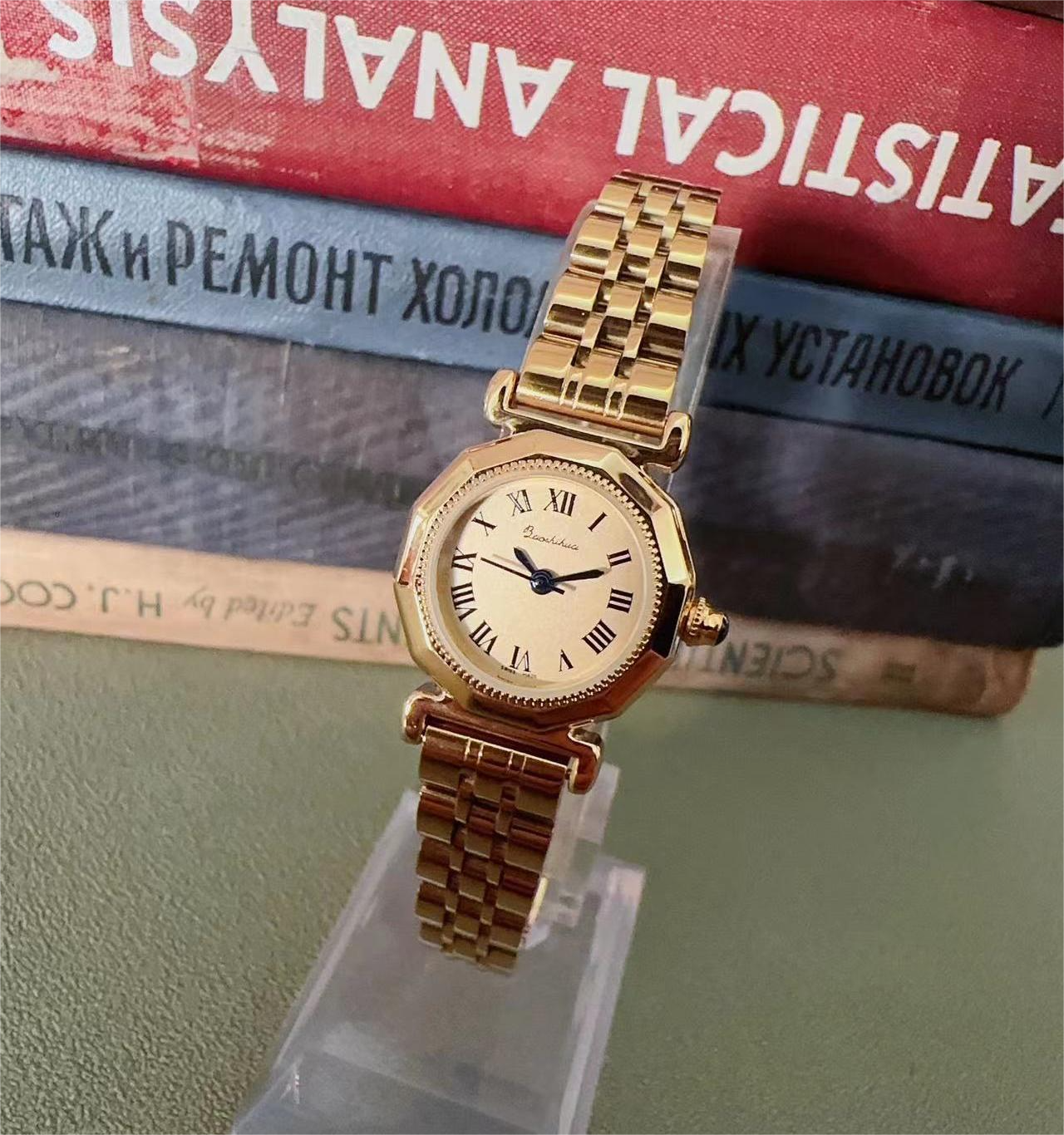 Aaron Vintage Blue Hand Watch - Gold Steel Band with Brown Strap