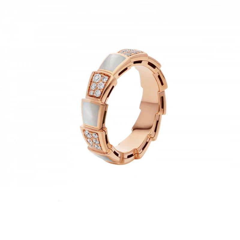 Maylie Serpent Coil Ring - Wide Rose Gold White Mother-of-Pearl Diamond Serpent