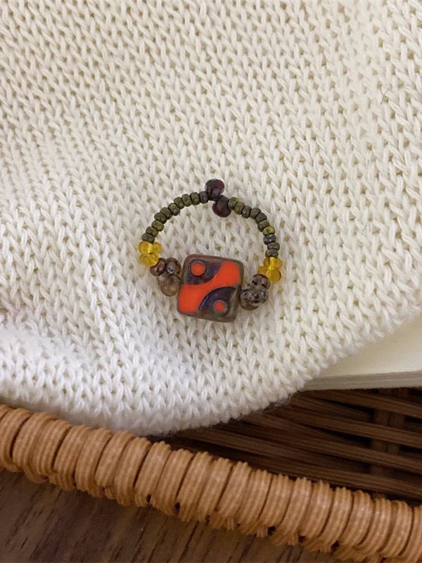 Anne Delicate Beaded Rings - Red Patterned Square Ring