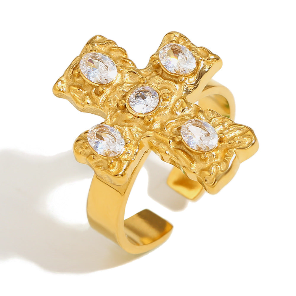 Kynslee Diamond Cross Open Ring - Cross White Diamond Open Ring - Gold [P1JRUX8S]