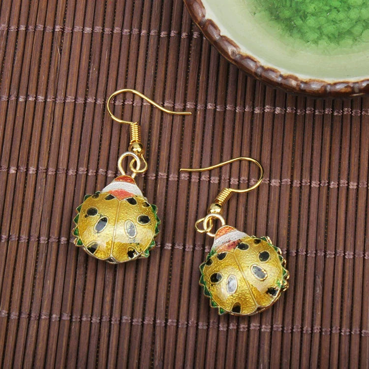 Adia Vintage Enamel Drop Earrings - Yellow Beetle