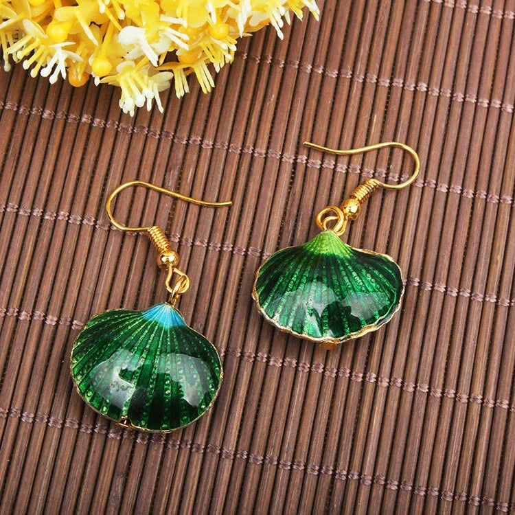 Adia Vintage Enamel Drop Earrings - Green Shell