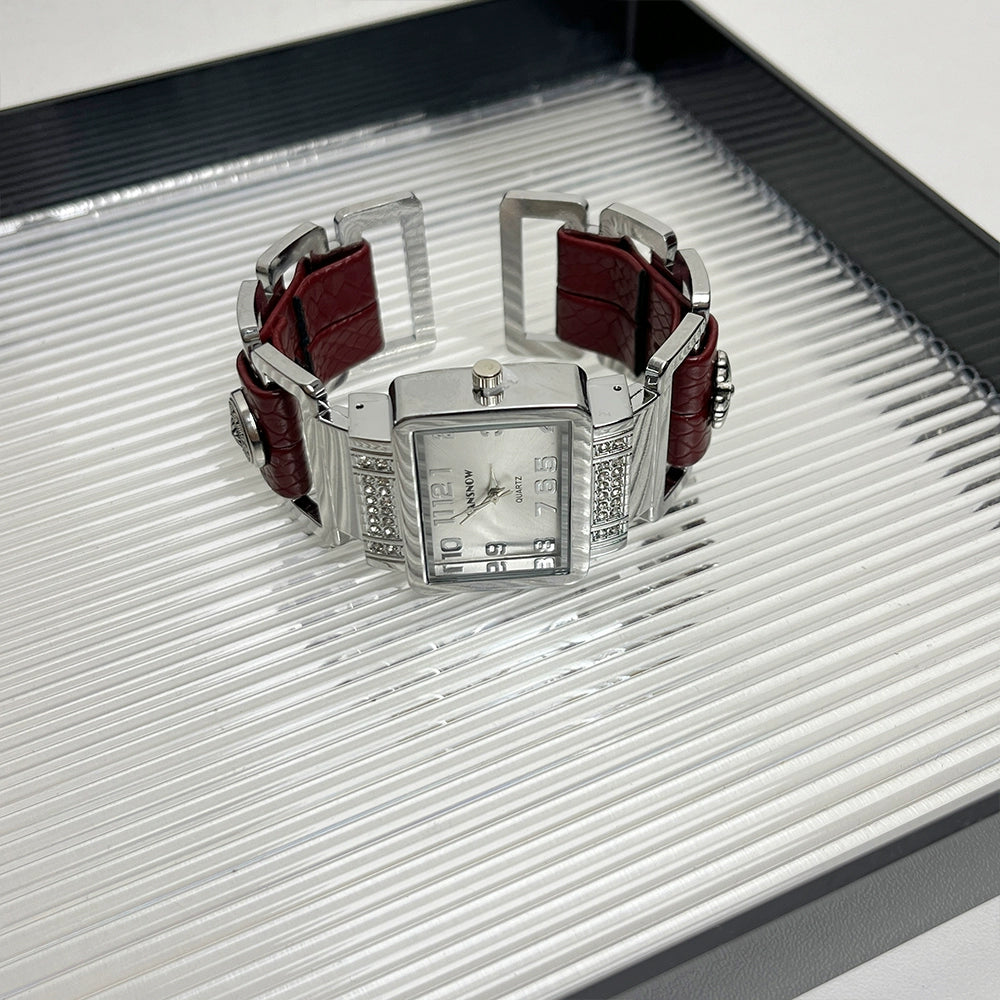 Koda Y2K Leather Cuff Watch - Red Leather White Dial Bracelet [13Y5COIF]