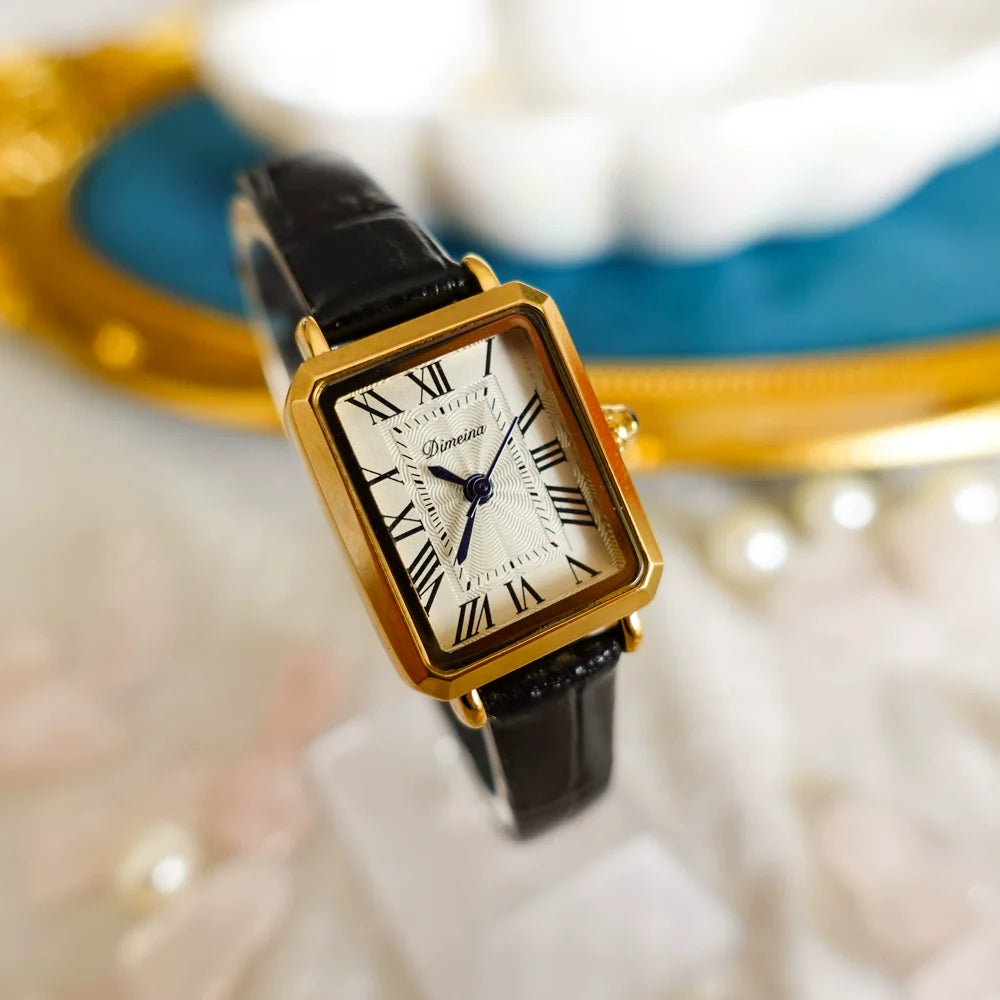 Zoha Roman Numeral Square Watch - Gold Black Strap