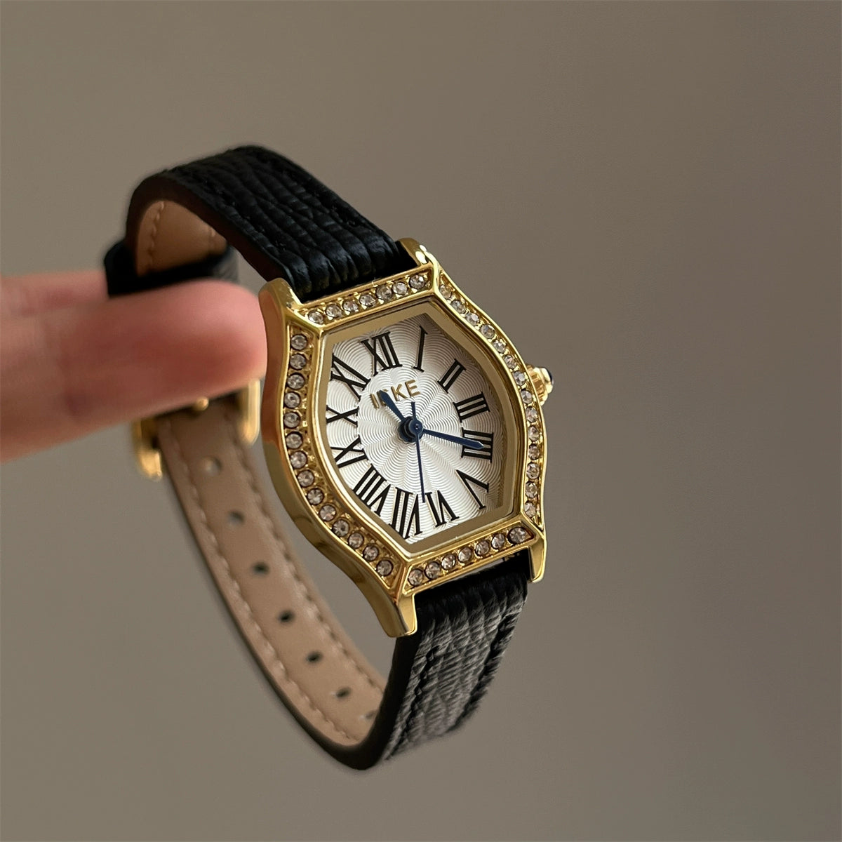Bristol Embellished Barrel Watch - Black Strap, Gold Case, White Dial [HPNHYEKO]