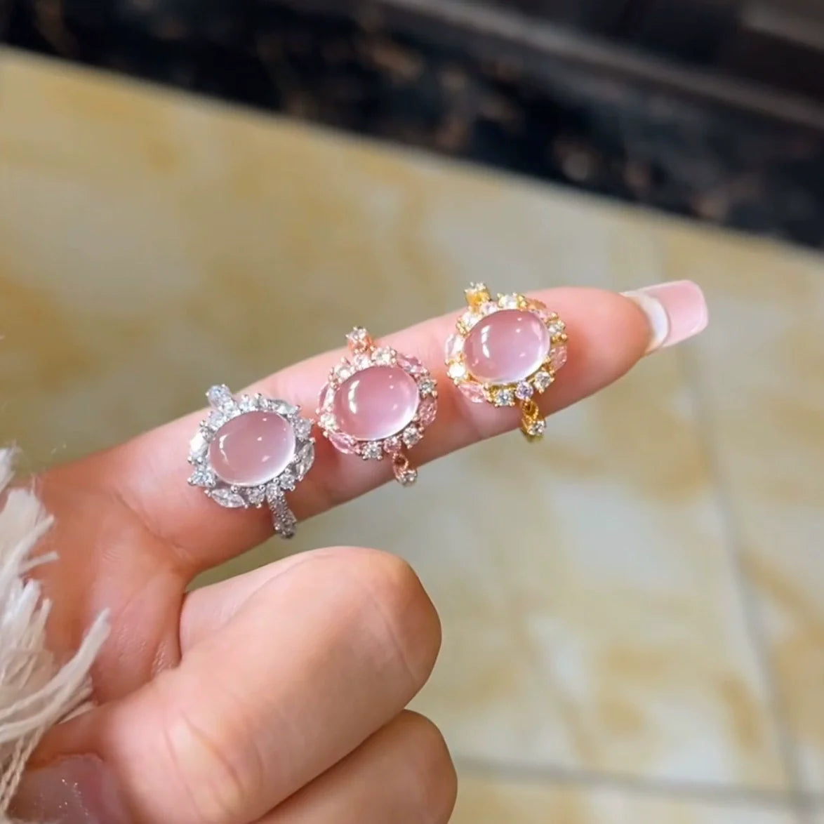 Janyah Rose Quartz Halo Ring - Silver (Adjustable)