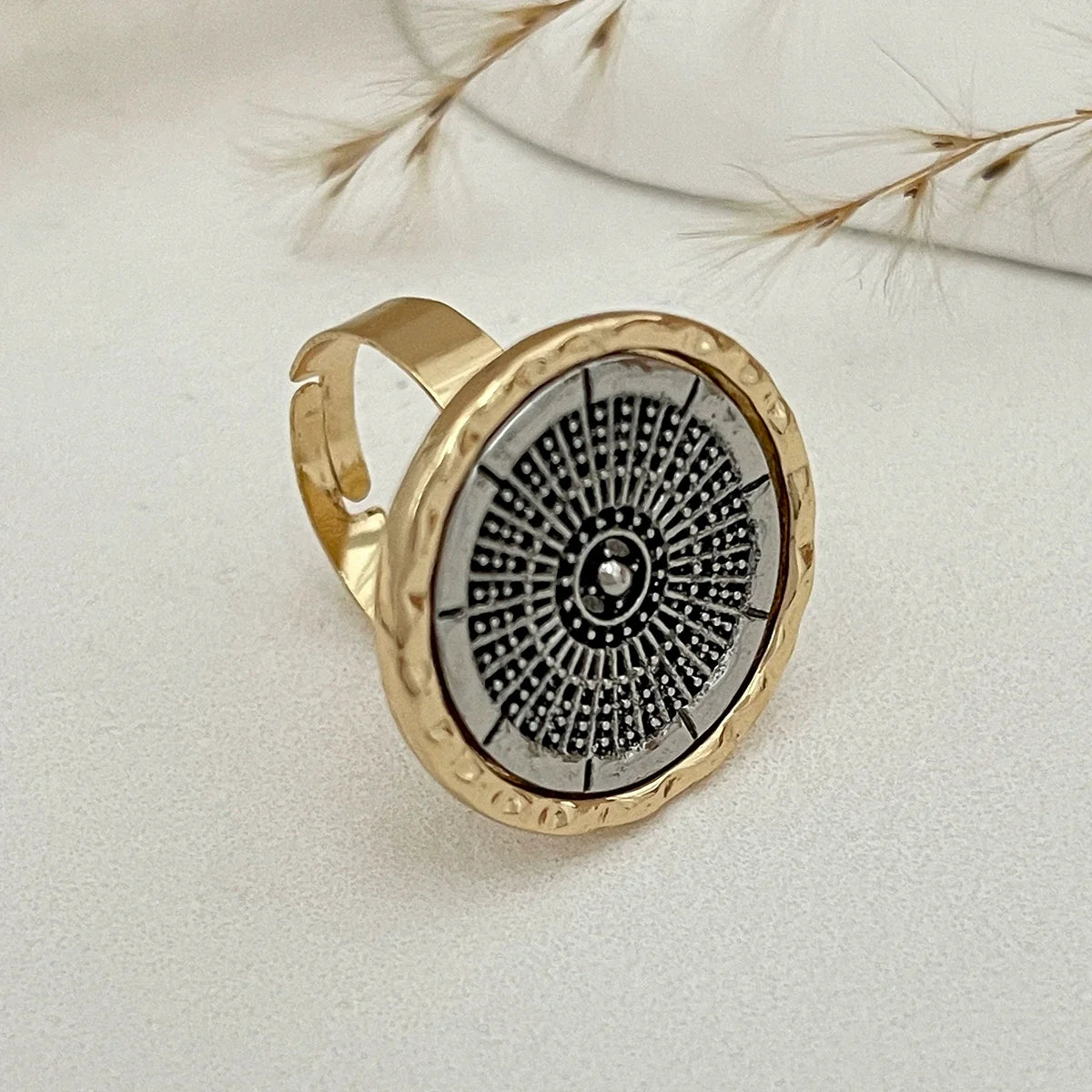 Adalida Geometric Statement Ring - Circular Compass Antique Silver