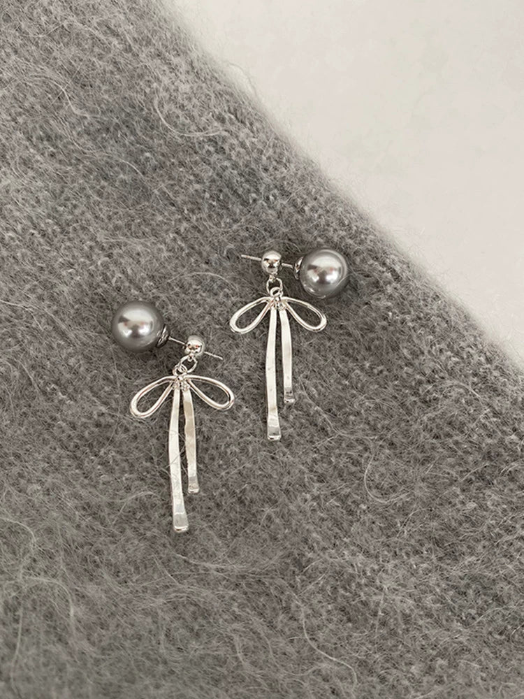 Brezlyn Convertible Pearl Earrings - Grey Pearl Bowknot Earrings