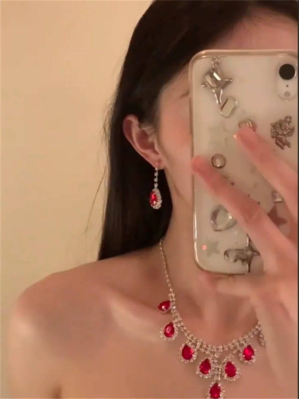 Gracen Red Crystal Heart Set - Necklace + Earrings Set (S925 Silver Needle)